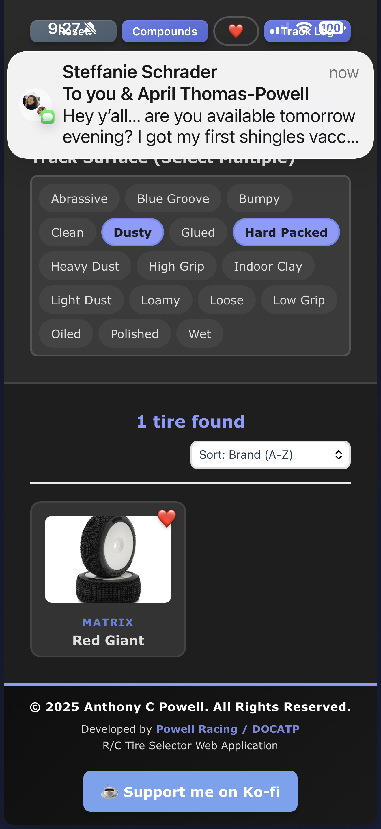Favorite button on tire card